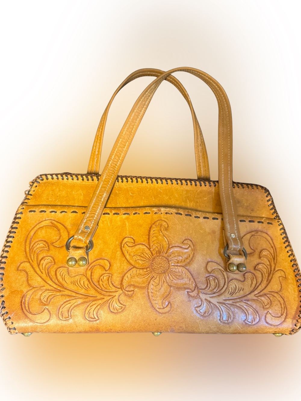 Vintage Women's HandTooled Leather Tan Handbag w/ Floral Design